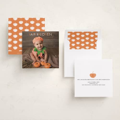 This is a pumpkin halloween party invitations cards with standard by Brynne Foster called sweet pumpkin printing on recycled smooth signature in standard