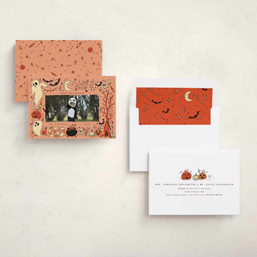 This is a pumpkin halloween party invitations cards with standard by Anastasia Makarova called halloween frame printing on recycled smooth signature in standard