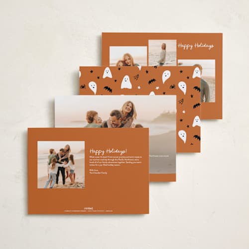 This is a pumpkin halloween party invitations cards with standard by Becky Nimoy called happy halloween ghosted printing on recycled smooth signature in standard