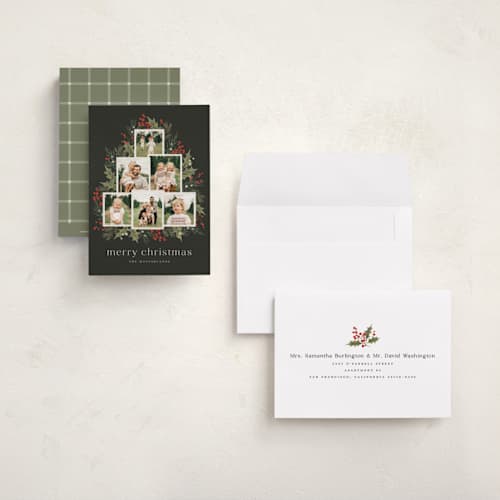 This is a wreath petite holiday cards with standard by Wildfield Paper Co called o' christmas tree printing on recycled smooth signature in petite