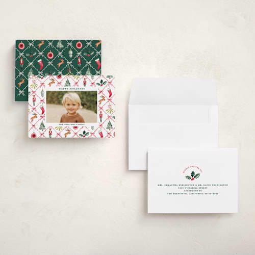 This is a leaf petite holiday cards with standard by Sarah Knight called festive icons printing on recycled smooth signature in petite