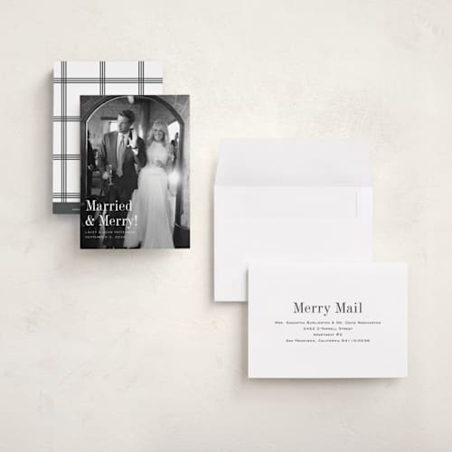 This is a snow petite holiday cards with standard by Megan Davis called eternally merry printing on recycled smooth signature in petite