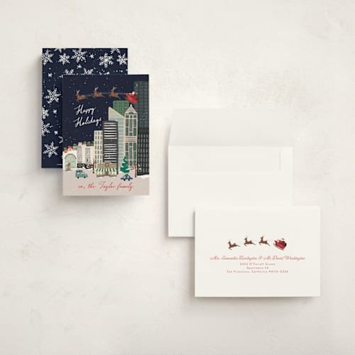 This is a navy petite holiday cards with standard by Alethea and Ruth called christmas night in the city printing on signature in petite