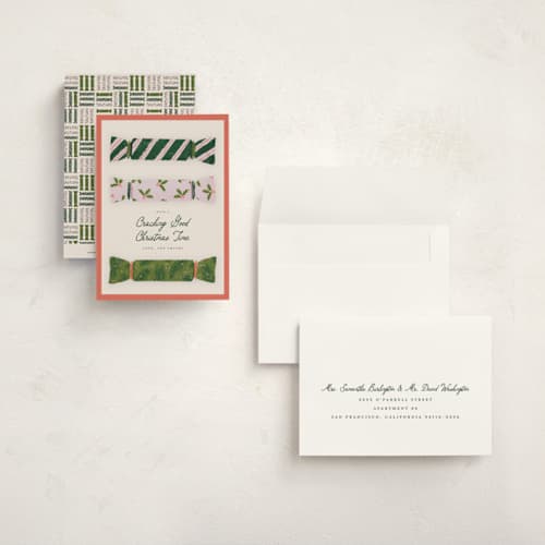 This is a persimmon petite holiday cards with standard by Lottie Aldarwish called crackers printing on signature in petite