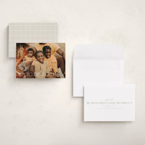 This is a snow petite holiday cards with standard by Ellen Schlegelmilch called stacked serif printing on recycled smooth signature in petite