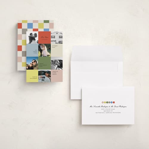 This is a festive petite holiday cards with standard by Kelly Watkins called our year printing on signature in petite