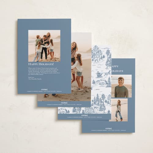 This is a periwinkle petite holiday cards with standard by Jennifer Lew called christmas toile printing on recycled smooth signature in petite