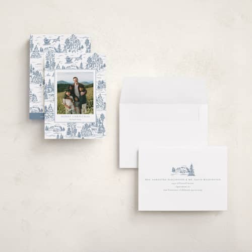 This is a periwinkle petite holiday cards with standard by Jennifer Lew called christmas toile printing on recycled smooth signature in petite