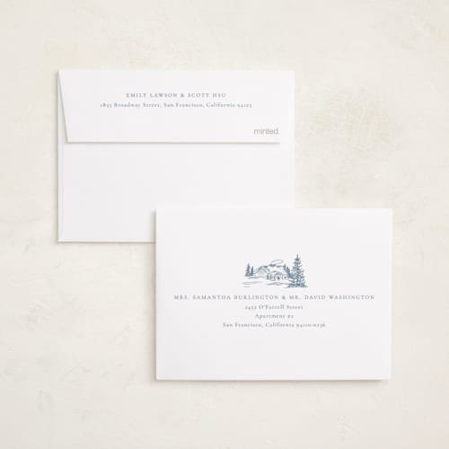 This is a periwinkle petite holiday cards with standard by Jennifer Lew called christmas toile printing on recycled smooth signature in petite