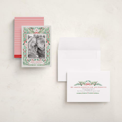 This is a festive petite holiday cards with standard by Alethea and Ruth called holiday pines printing on recycled smooth signature in petite