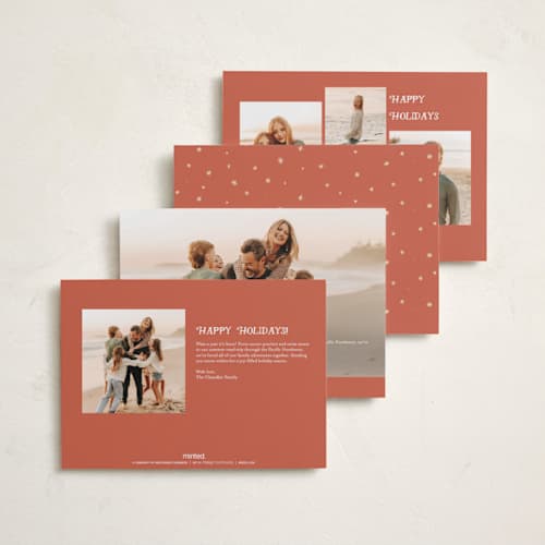 This is a eggnog petite holiday cards with standard by Becky Nimoy called snow and ivory winter scene printing on recycled smooth signature in petite
