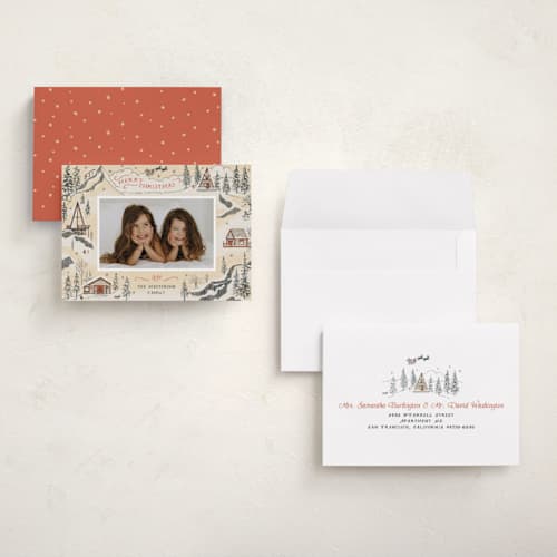 This is a eggnog petite holiday cards with standard by Becky Nimoy called snow and ivory winter scene printing on recycled smooth signature in petite