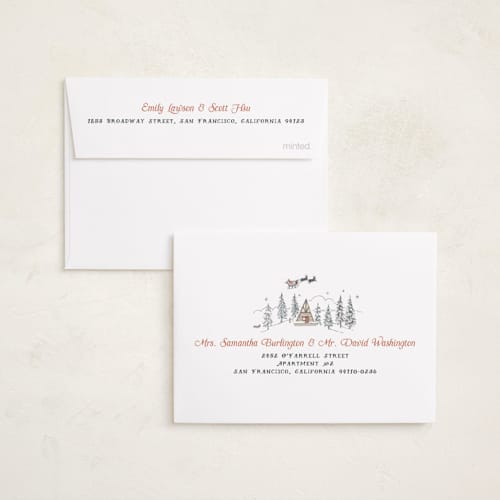This is a eggnog petite holiday cards with standard by Becky Nimoy called snow and ivory winter scene printing on recycled smooth signature in petite