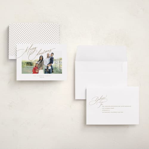This is a golden petite holiday cards with standard by Jessica Williams called topper printing on recycled smooth signature in petite