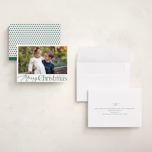 This is a evergreen petite holiday cards with standard by Carolyn MacLaren called merry mix printing on recycled smooth signature in petite