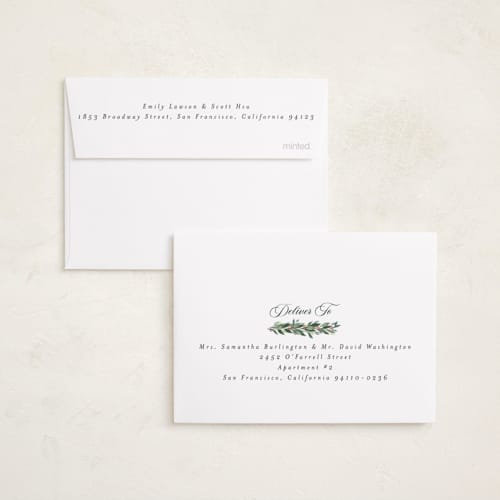 This is a eggnog petite holiday cards with standard by Rebecca Durflinger called evergreen garlands printing on recycled smooth signature in petite