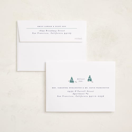 This is a blue spruce petite holiday cards with standard by Corinne Malesic called little trees printing on recycled smooth signature in petite