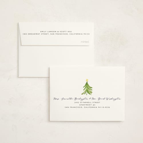 This is a navy petite holiday cards with standard by Erin Deegan called simple tree printing on signature in petite