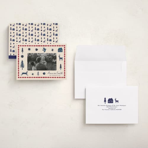 This is a navy petite holiday cards with standard by Rina Ozum called noel wishes printing on signature in petite