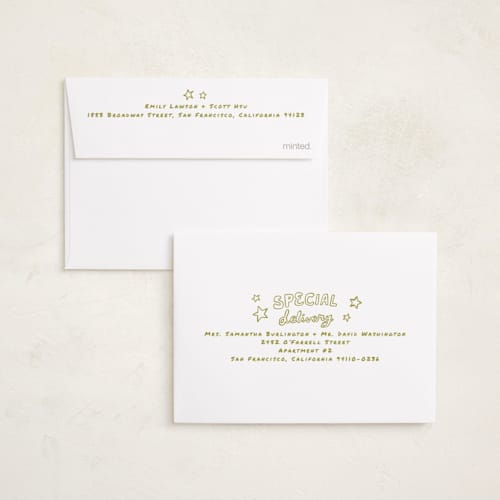 This is a chartreuse petite holiday cards with standard by Everett Paper Goods called casual written printing on signature in petite