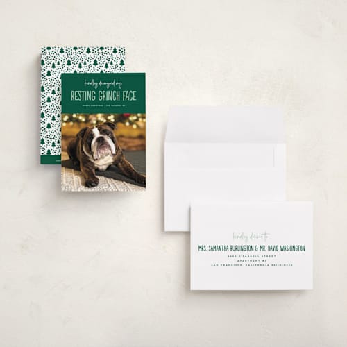 This is a noble fir petite holiday cards with standard by Erica Krystek called grinch face printing on recycled smooth signature in petite