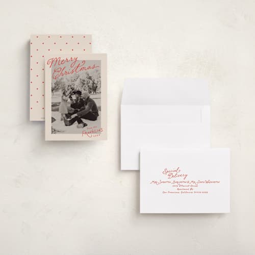 This is a santa suit petite holiday cards with standard by Everett Paper Goods called icing printing on signature in petite