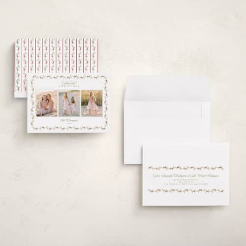 This is a garland petite holiday cards with standard by Susan Moyal called petite holiday vine printing on signature in petite