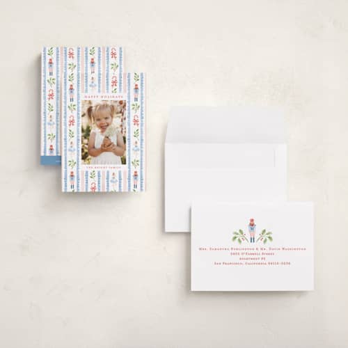 This is a blue spruce petite holiday cards with standard by Sarah Knight called nutcracker pattern printing on signature in petite