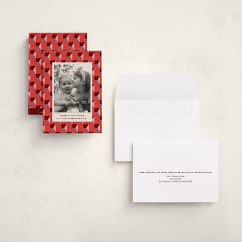 This is a cranberry petite holiday cards with standard by Lindsay Stetson Thompson called colorblock geo printing on signature in petite