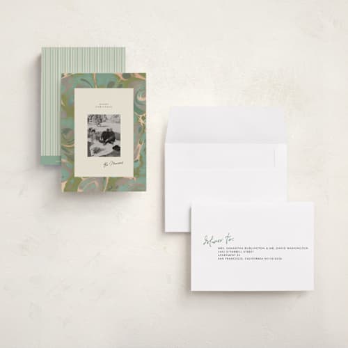 This is a sage petite holiday cards with standard by Leia Matt called marbled editorial printing on signature in petite