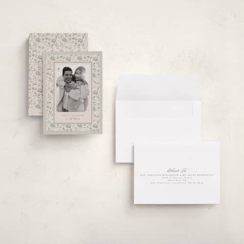 This is a wintermint petite holiday cards with standard by Everett Paper Goods called gingham fleur printing on signature in petite
