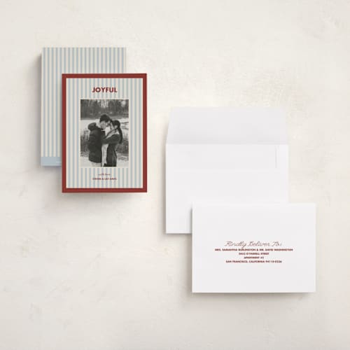 This is a holly berry petite holiday cards with standard by Kelly Watkins called classic stripes printing on signature in petite