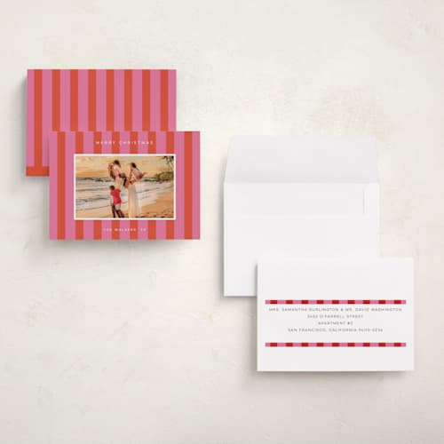 This is a strawberry petite holiday cards with standard by Morgan Kendall called cabana printing on recycled smooth signature in petite