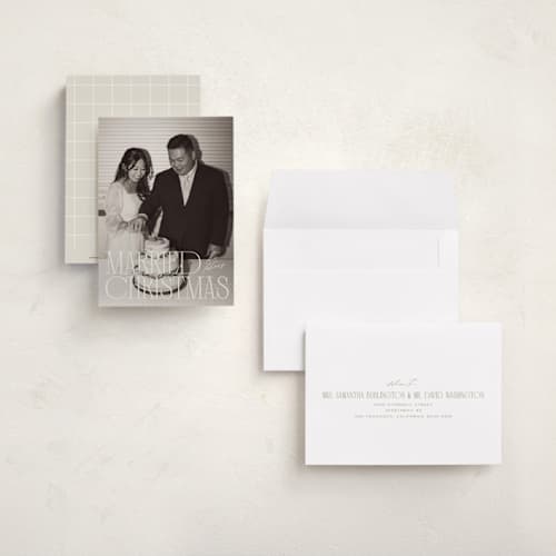 This is a champagne petite holiday cards with standard by Ellen Schlegelmilch called serif married christmas printing on recycled smooth signature in petite
