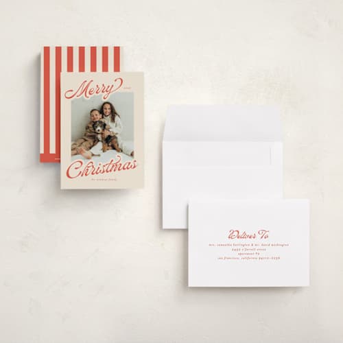This is a peppermint petite holiday cards with standard by Ashley Iwafuchi called merry cheer printing on signature in petite