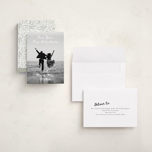 This is a winter petite holiday cards with standard by Alethea and Ruth called new adventure xo's printing on recycled smooth signature in petite