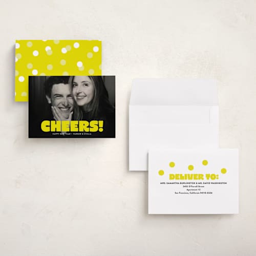 This is a neon yellow petite holiday cards with standard by Susan Asbill called boldly printing on signature in petite