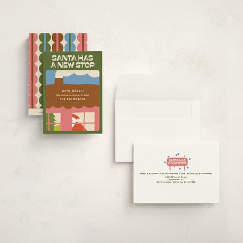This is a olive petite holiday cards with standard by Inkblot Design called santa stop printing on signature in petite