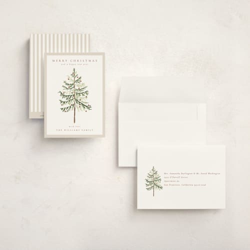 This is a snow petite holiday cards with standard by Amy Kross called vintage spruce printing on signature in petite