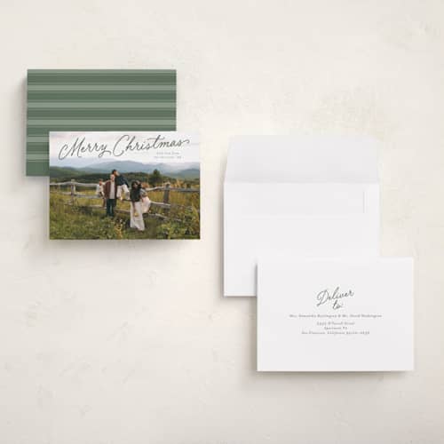 This is a eucalyptus petite holiday cards with standard by Carmia C. called nostalgic script printing on signature in petite