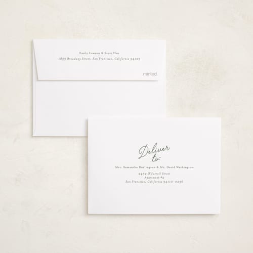 This is a eucalyptus petite holiday cards with standard by Carmia C. called nostalgic script printing on signature in petite