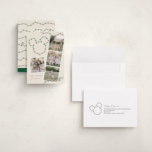 This is a gumdrop petite holiday cards with standard by Sarah Hawkins Designs called disney's mickey glowing lights printing on recycled smooth signature in petite