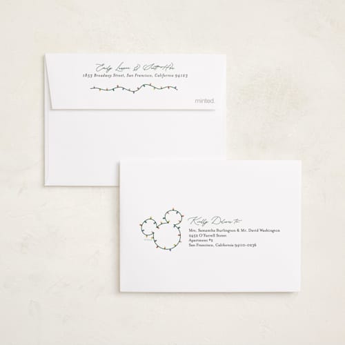 This is a gumdrop petite holiday cards with standard by Sarah Hawkins Designs called disney's mickey glowing lights printing on recycled smooth signature in petite