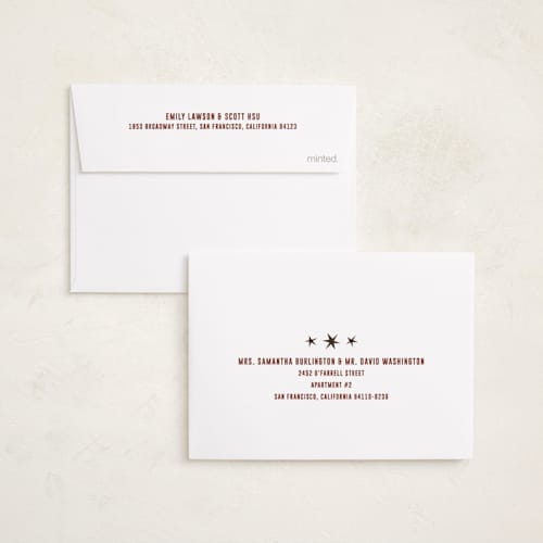 This is a almond petite holiday cards with standard by Angela Quan called star border printing on signature in petite