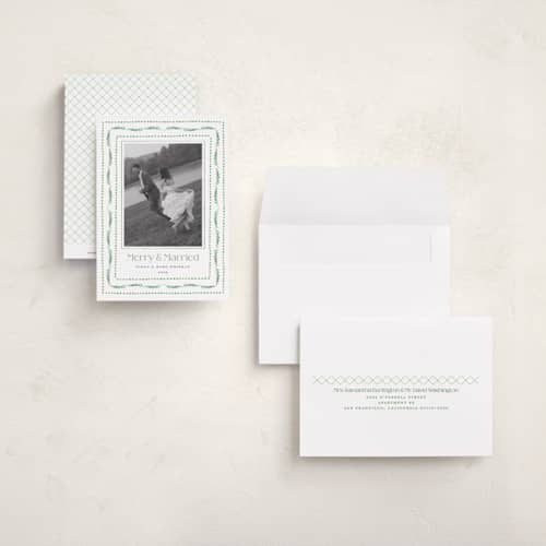 This is a elf shoes petite holiday cards with standard by Erika Firm called nostalgic ribbon border printing on recycled smooth signature in petite