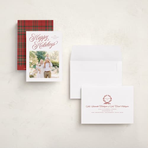 This is a holly berry petite holiday cards with standard by Wildfield Paper Co called holiday flourish printing on signature in petite