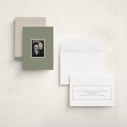 This is a sage petite holiday cards with standard by Sierra Lee called festive post printing on signature in petite