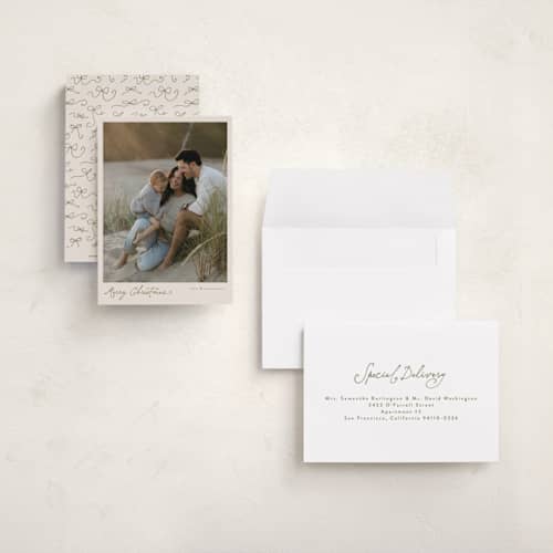 This is a olive petite holiday cards with standard by Tamara Hilje called a little whimsy printing on signature in petite