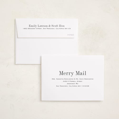 This is a snow petite holiday cards with standard by Megan Davis called eternally merry printing on recycled smooth signature in petite