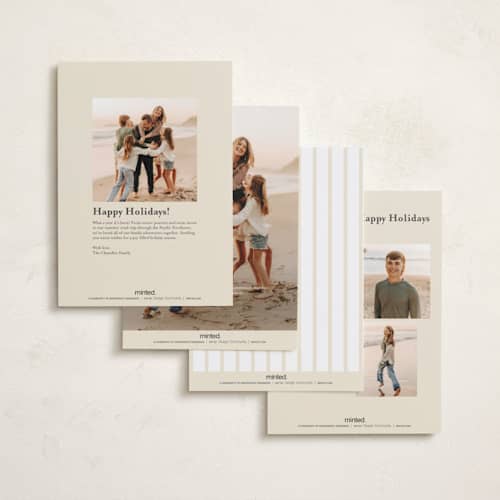 This is a cream petite holiday cards with standard by Baumbirdy called ribbon overlay printing on signature in petite